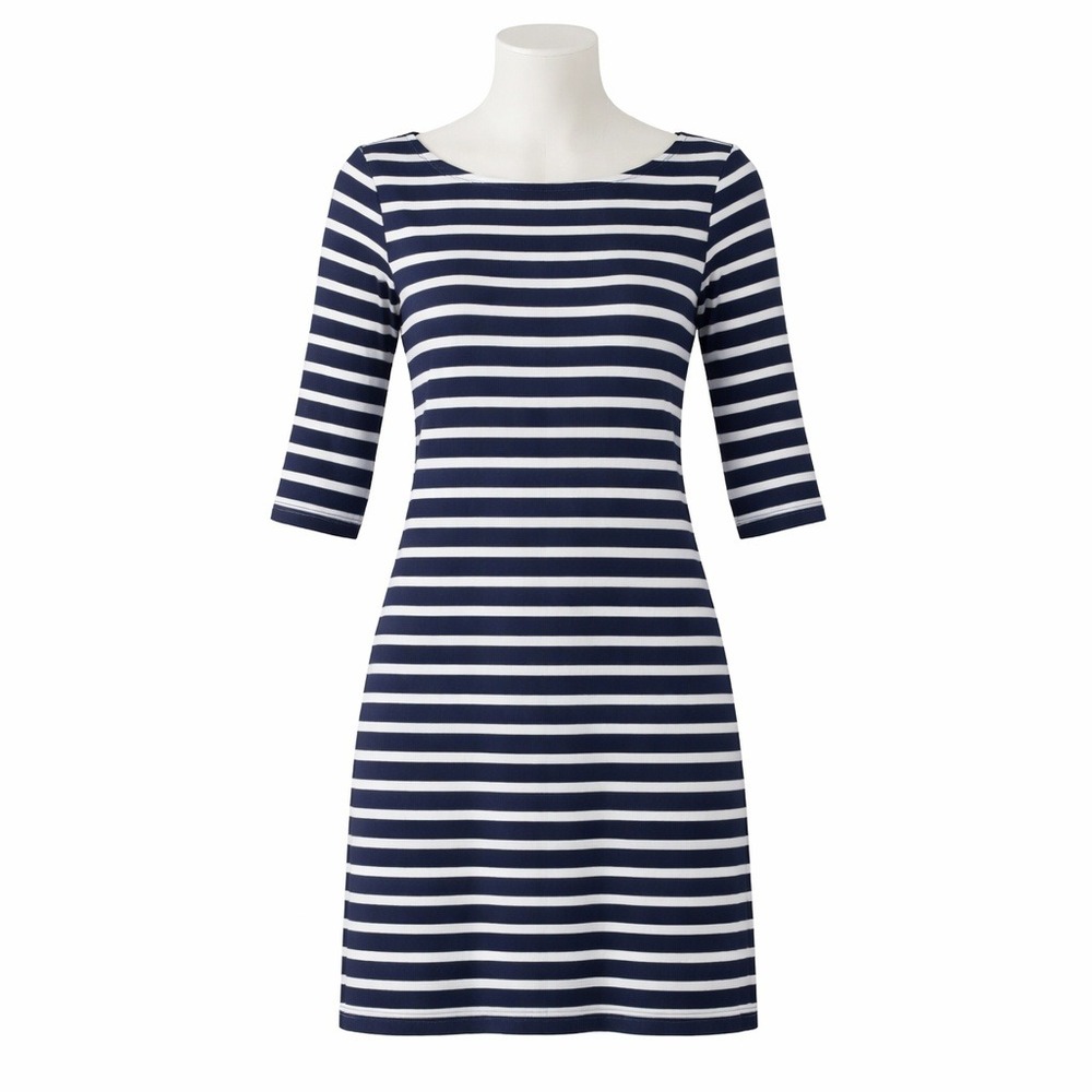 Hatley Dress Womens Small Navy Blue White Striped 3/4 Sleeve Jersey Knit Sheath